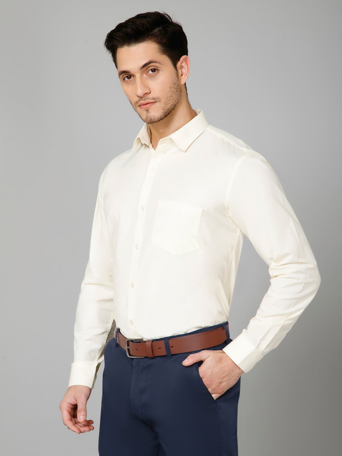 Sun Dance - Pure Cotton Light Yellow Formal Chambray Shirt